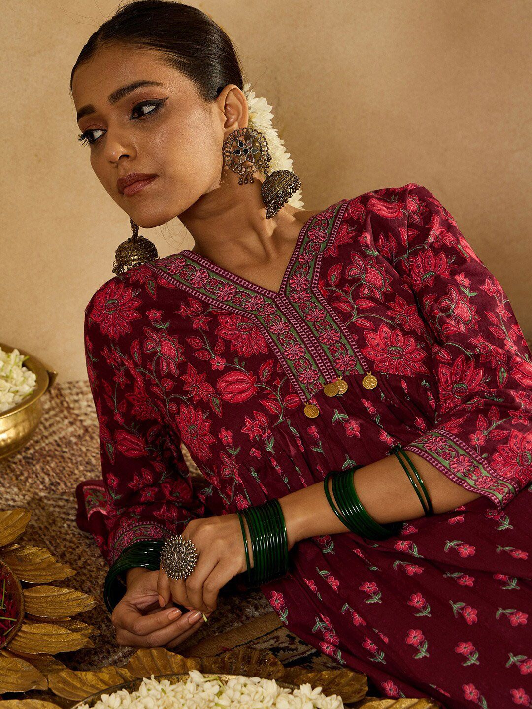 Indyancart IE Floral Printed Empire Pure Cotton A-Line Kurta with Trousers & Dupatta
