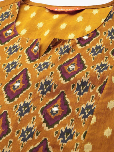 Indyancart IE Women Printed Pleated Mirror Work Pure Cotton Kurta with Trousers