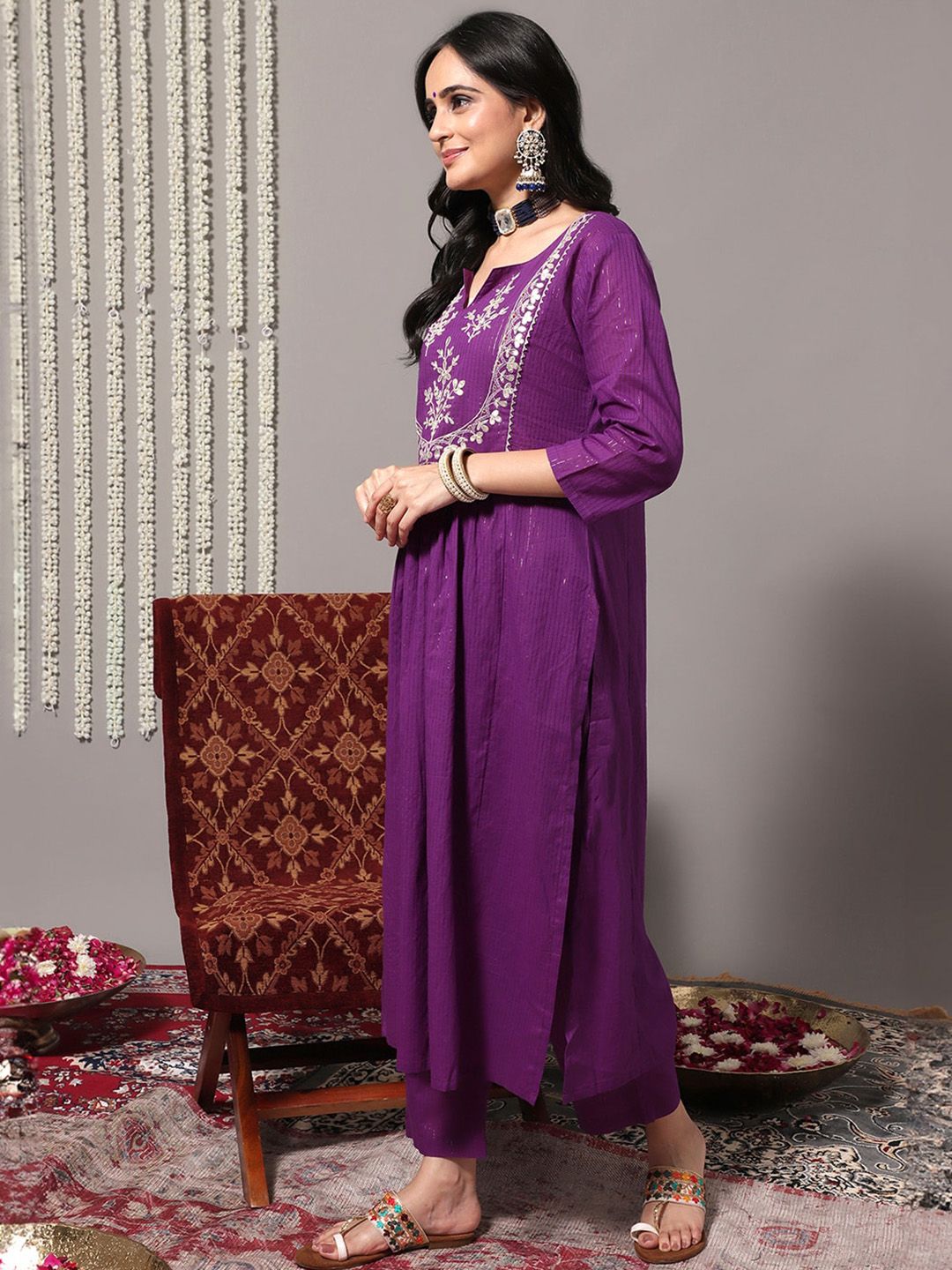Indyancart VA Women'sFloral Yoke Design Gotta Patti Pure Cotton Kurta & Trousers With Dupatta