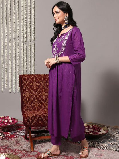 Indyancart VA Women'sFloral Yoke Design Gotta Patti Pure Cotton Kurta & Trousers With Dupatta