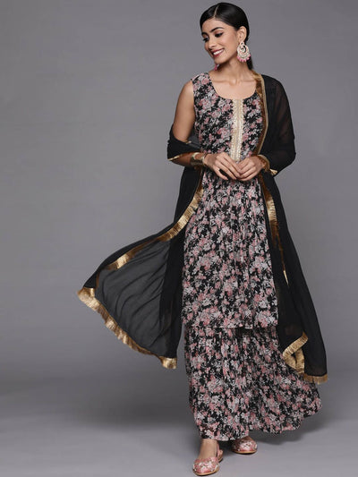 Indyancart VA Women'sFloral Printed Pleated Gotta Patti Kurta with Sharara & Dupatta