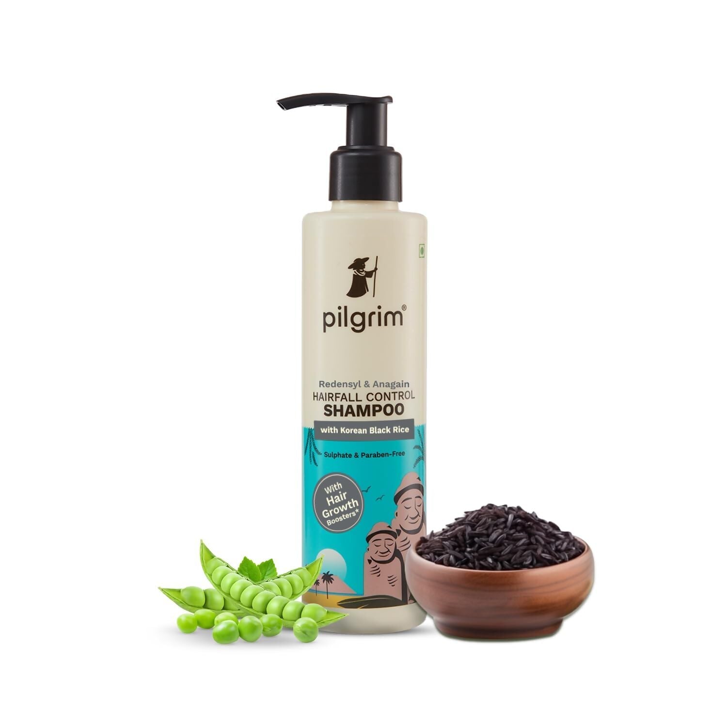 Pilgrim Redensyl & Anagain hair fall control shampoo with Korean black rice, rich in natural ingredients for healthy hair.