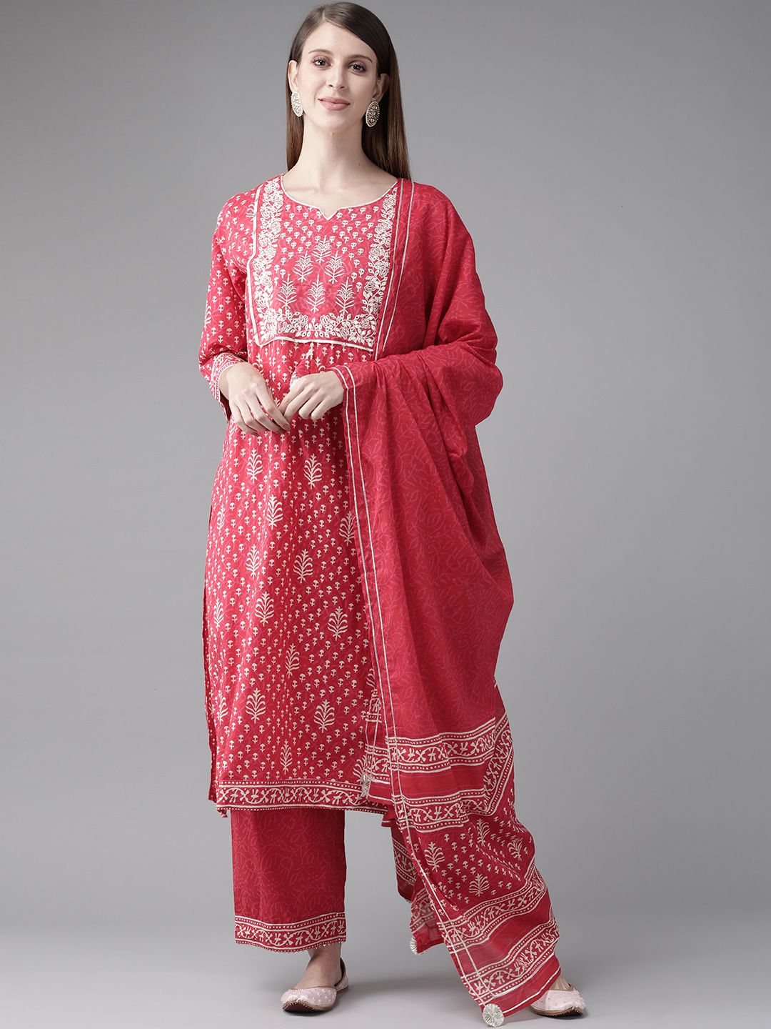 Indyancart IE Women Pink Ethnic Motifs Printed Kurta with Palazzos & With Dupatta