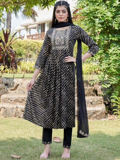 Indyancart IE Black Leheriya Printed Mirror Work A-Line Kurta & Trousers & With Dupatta