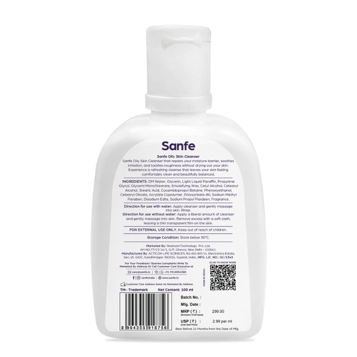 Sanfe Oily Skin Cleanser | For skin repair, dryness, tighter skin - For Oily, Acne Prone Skin, 100ml