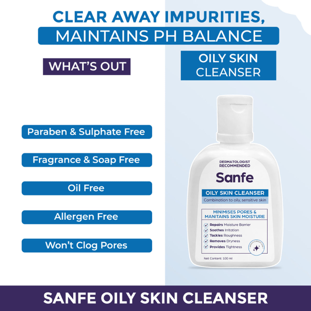 Sanfe Oily Skin Cleanser | For skin repair, dryness, tighter skin - For Oily, Acne Prone Skin, 100ml