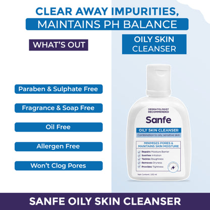 Sanfe Oily Skin Cleanser | For skin repair, dryness, tighter skin - For Oily, Acne Prone Skin, 100ml