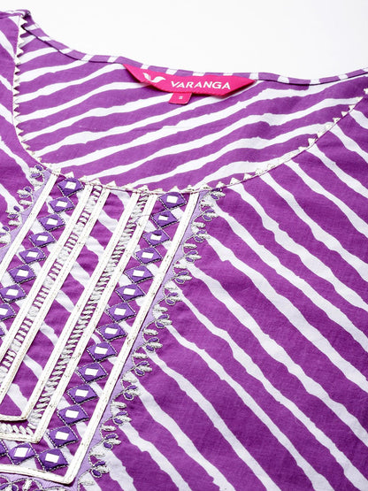 Indyancart VA Women's Leheriya Printed Mirror Work Pure Cotton Kurta with Trousers & With Dupatta