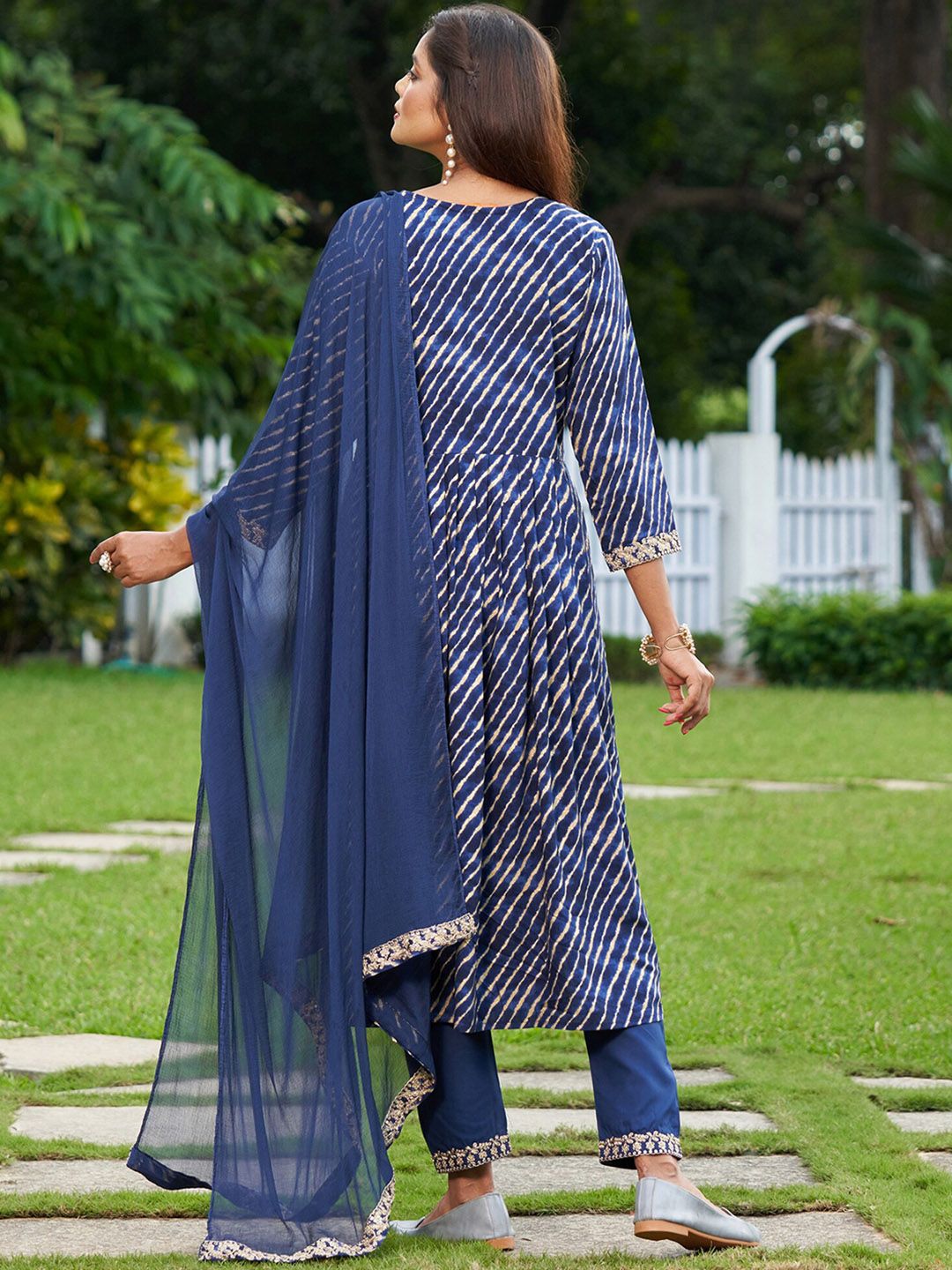 Indyancart IE Blue Leheriya Printed A-Line Thread Work Kurta With Trousers & Dupatta