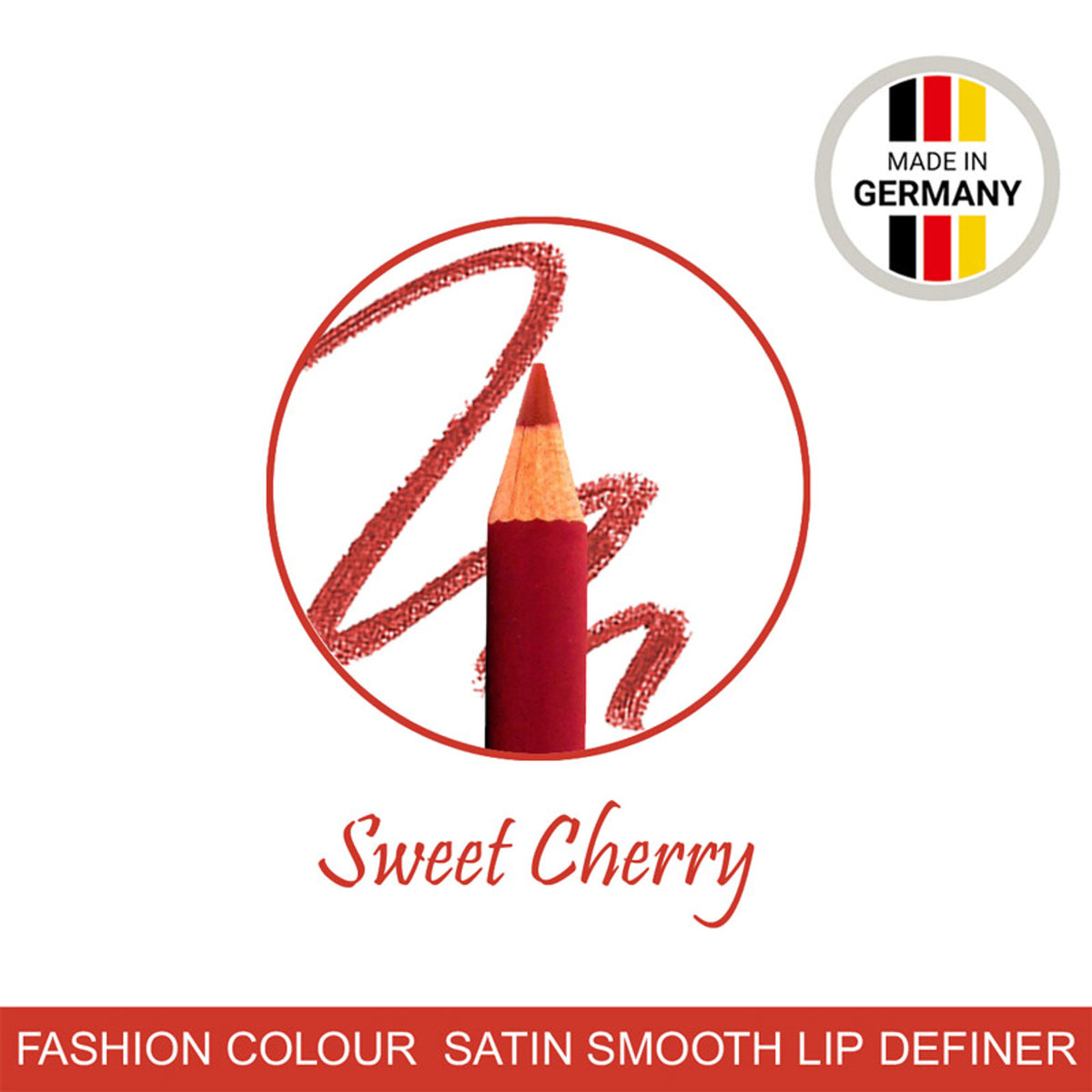 FASHION COLOUR Satin Smooth Lip Definer in 02 Sweet Cherry, showcasing the deep red lip liner with smooth satin finish.