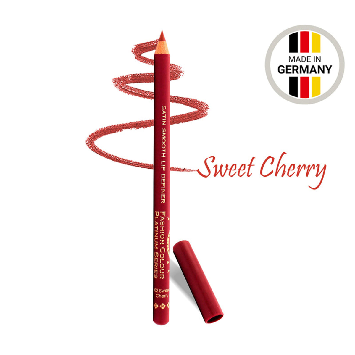 FASHION COLOUR Satin Smooth Lip Definer in 02 Sweet Cherry, showing the sleek pink lip liner pencil with the product packaging.