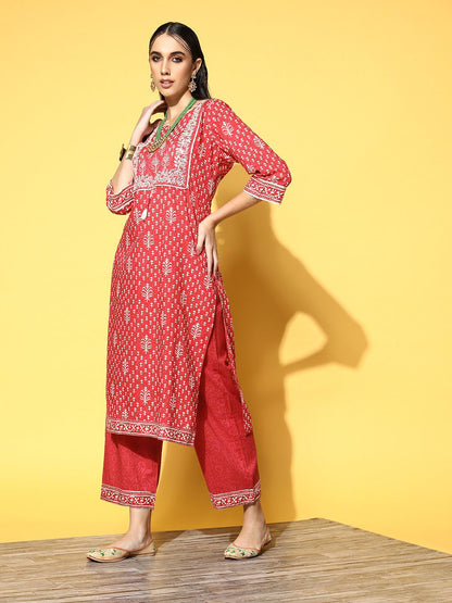 Indyancart IE Women Coral Ethnic Motifs Printed Gotta Patti Kurta with Palazzos & With Dupatta