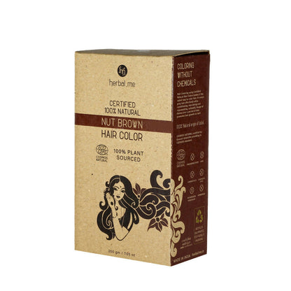 Herbal Me Nut Brown natural hair color product showing a box of Herbal Me hair dye with Nut Brown shade and hair color packaging.