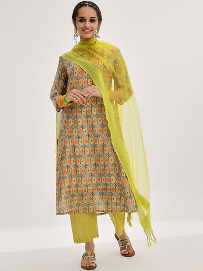 Indyancart VA Women's Lime Green Ethnic Motifs Printed Mirror Work Kurta with Trousers & With Dupatta