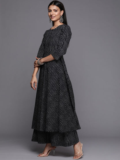 Indyancart VA Women's Black Printed Pure Cotton Kurta with Palazzos & Dupatta