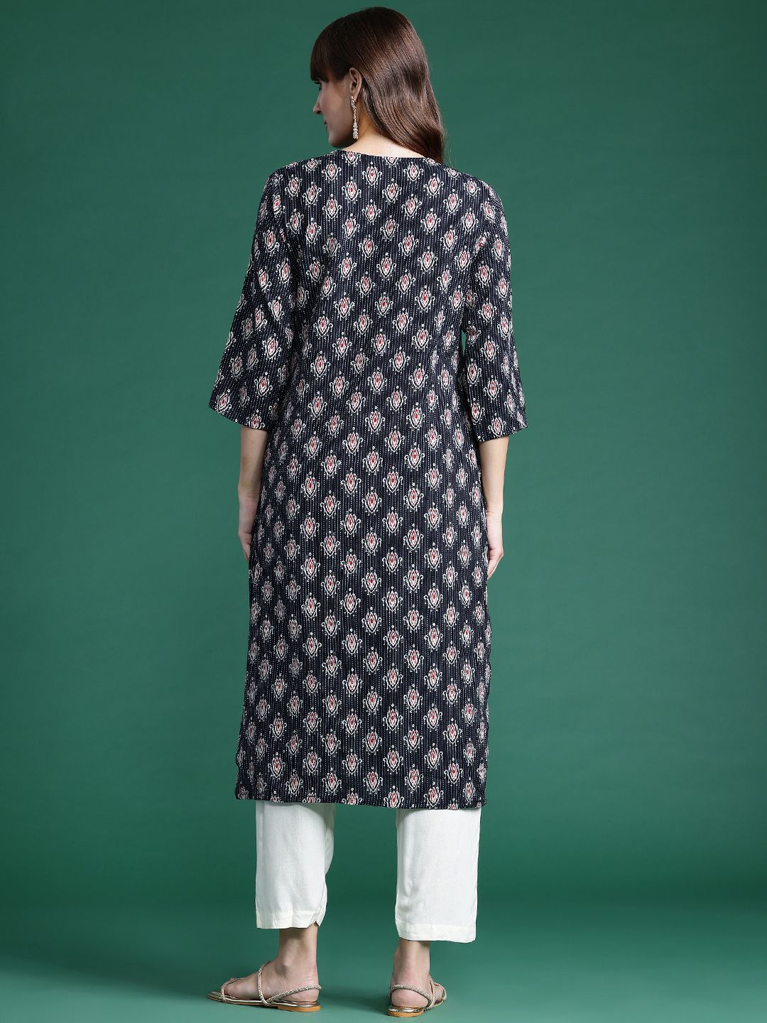 Indyancart IE Ethnic Motifs Printed Kantha Work Pure Cotton Kurta