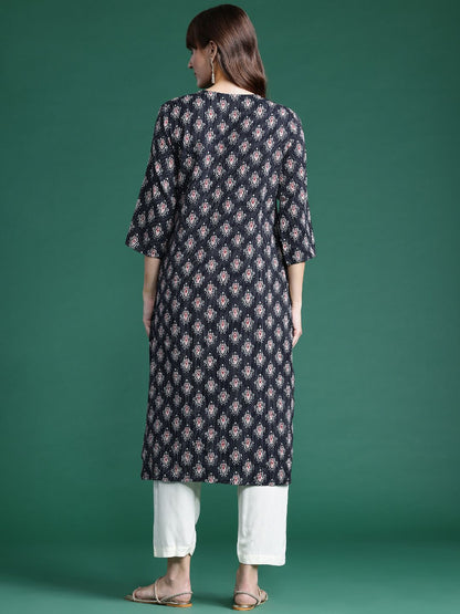 Indyancart IE Ethnic Motifs Printed Kantha Work Pure Cotton Kurta
