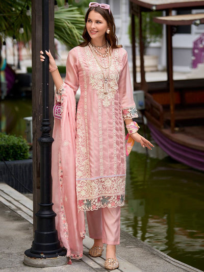 Indyancart IE Floral Embroidered Sequinned Straight Kurta with Trouser & Dupatta