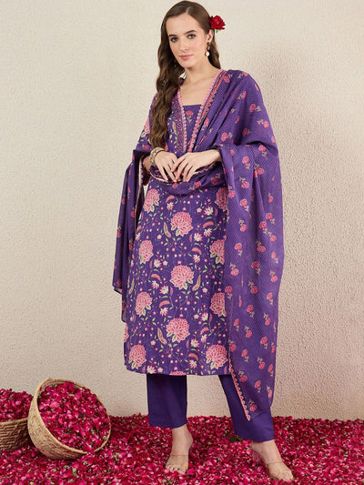 Indyancart IE Women Floral Printed Cotton Kurta with Trousers & Dupatta
