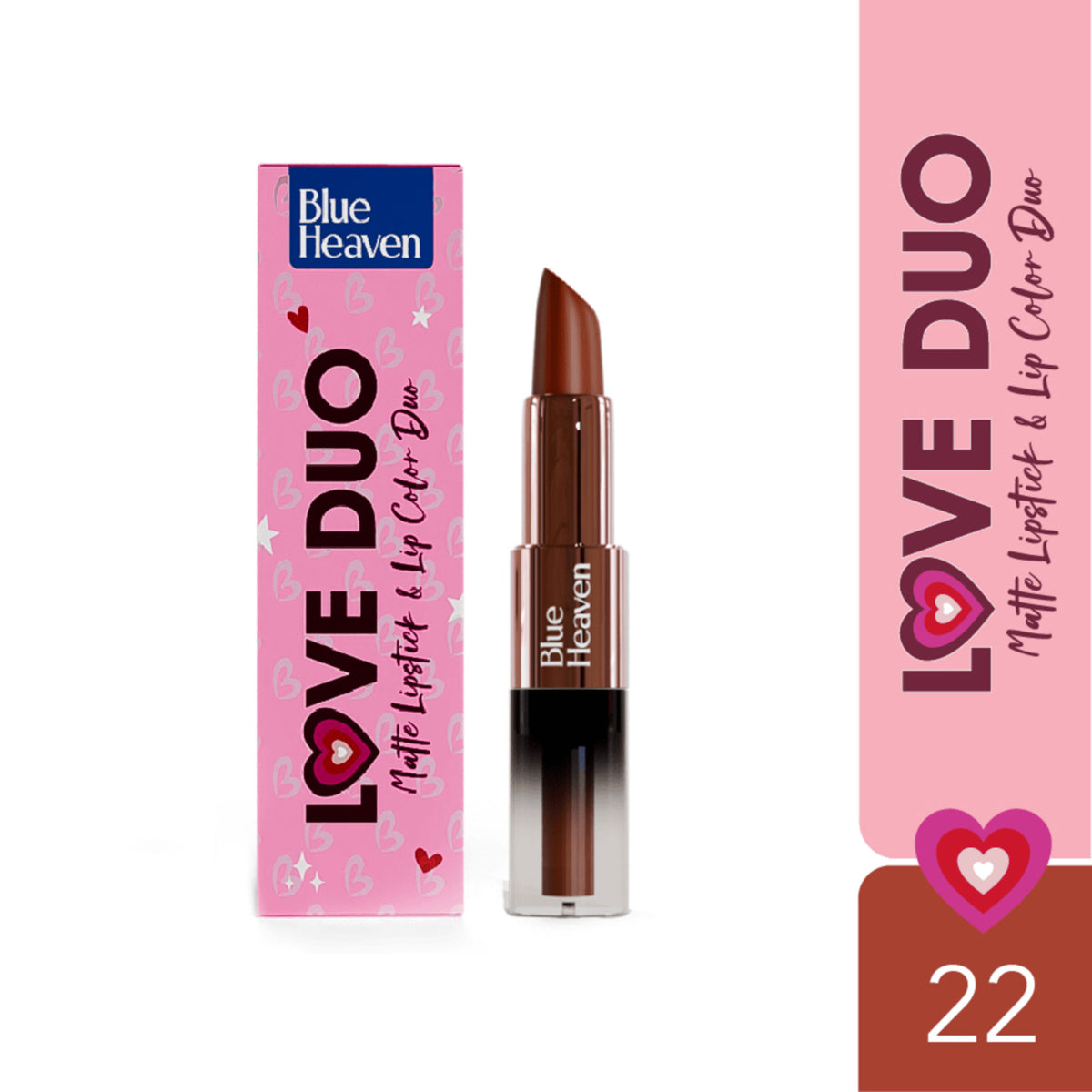 Blue Heaven Love Duo 2-in-1 dual-sided lipstick in shade 22, featuring a blue and pink lipstick on a sleek compact.
