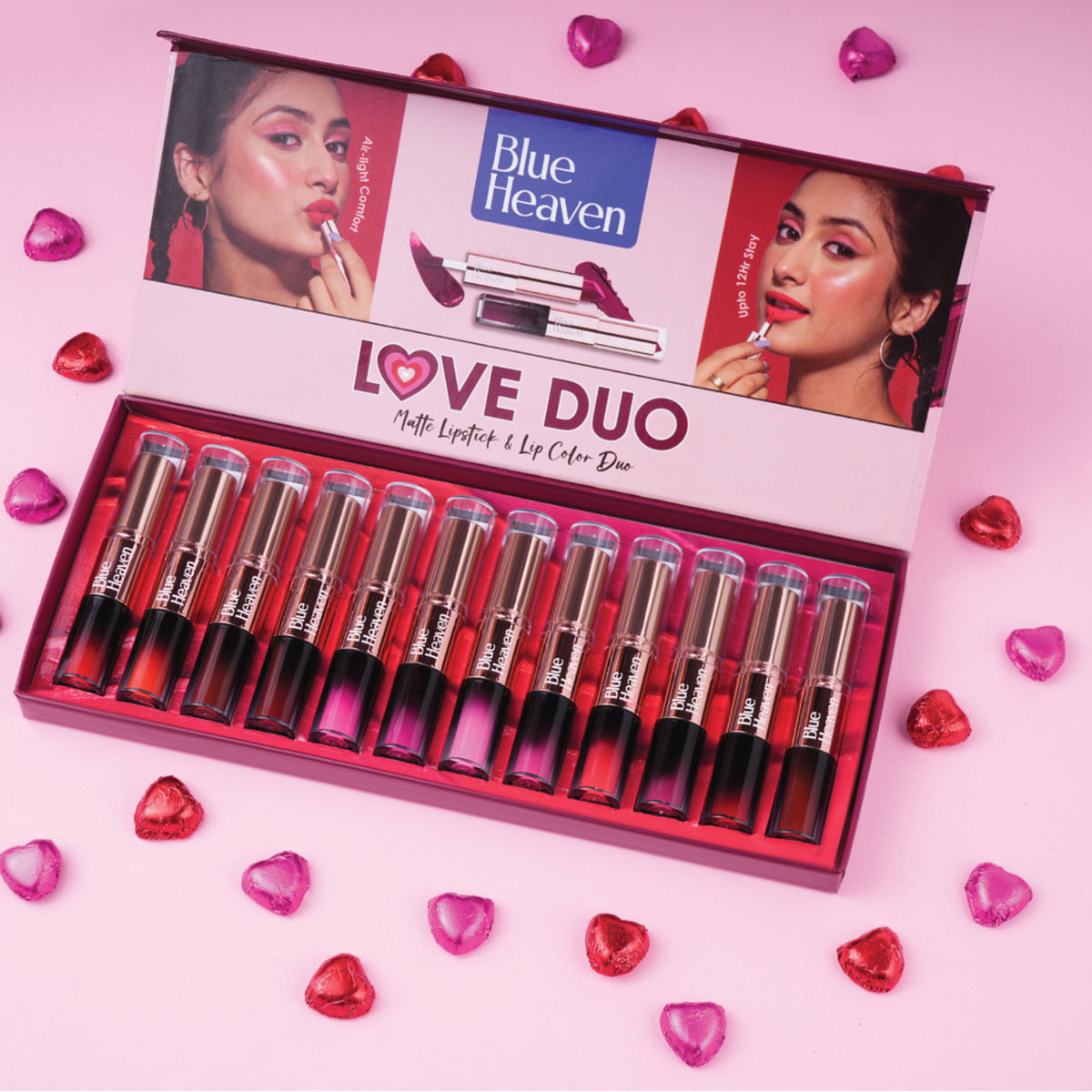 Blue Heaven Love Duo 2-in-1 dual-sided lipstick in shade 23, showing both creamy pink and nude color options.