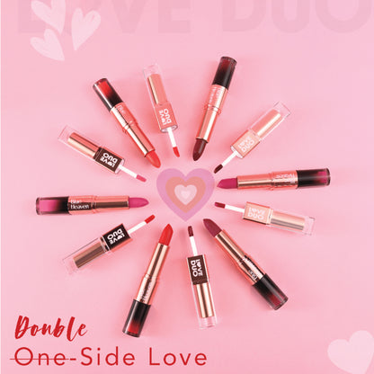 Blue Heaven Love Duo 2-in-1 dual-sided lipstick in blue and pink shades with sleek packaging, designed for versatile lip looks.