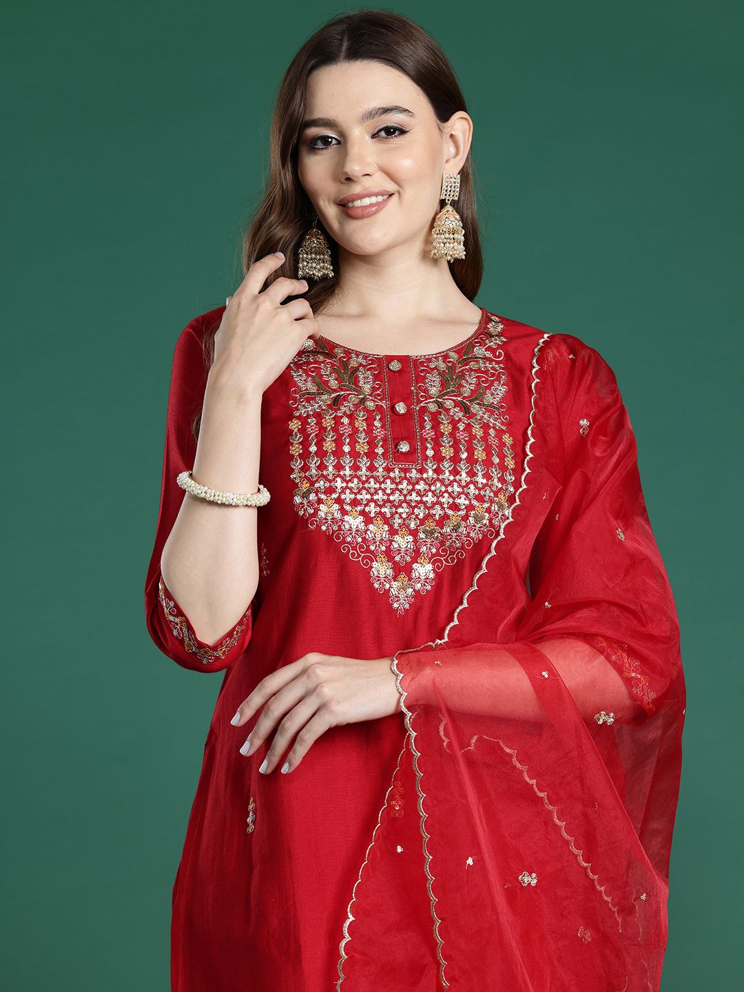 Ethnic Motifs Embroidered Regular Sequinned Liva Kurta with Trousers & Dupatta