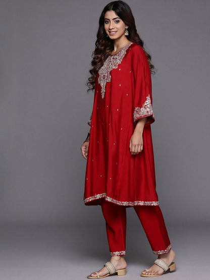 Indyancart VA Women'sFloral Embroidered Sequinned A-Line Kurta with Trousers with Dupatta