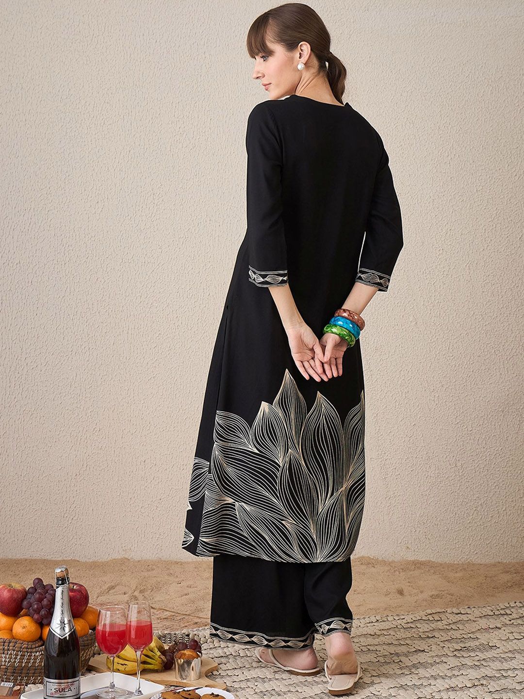 Dhiyona IE Black Printed V-Neck Straight Tunic With Palazzos