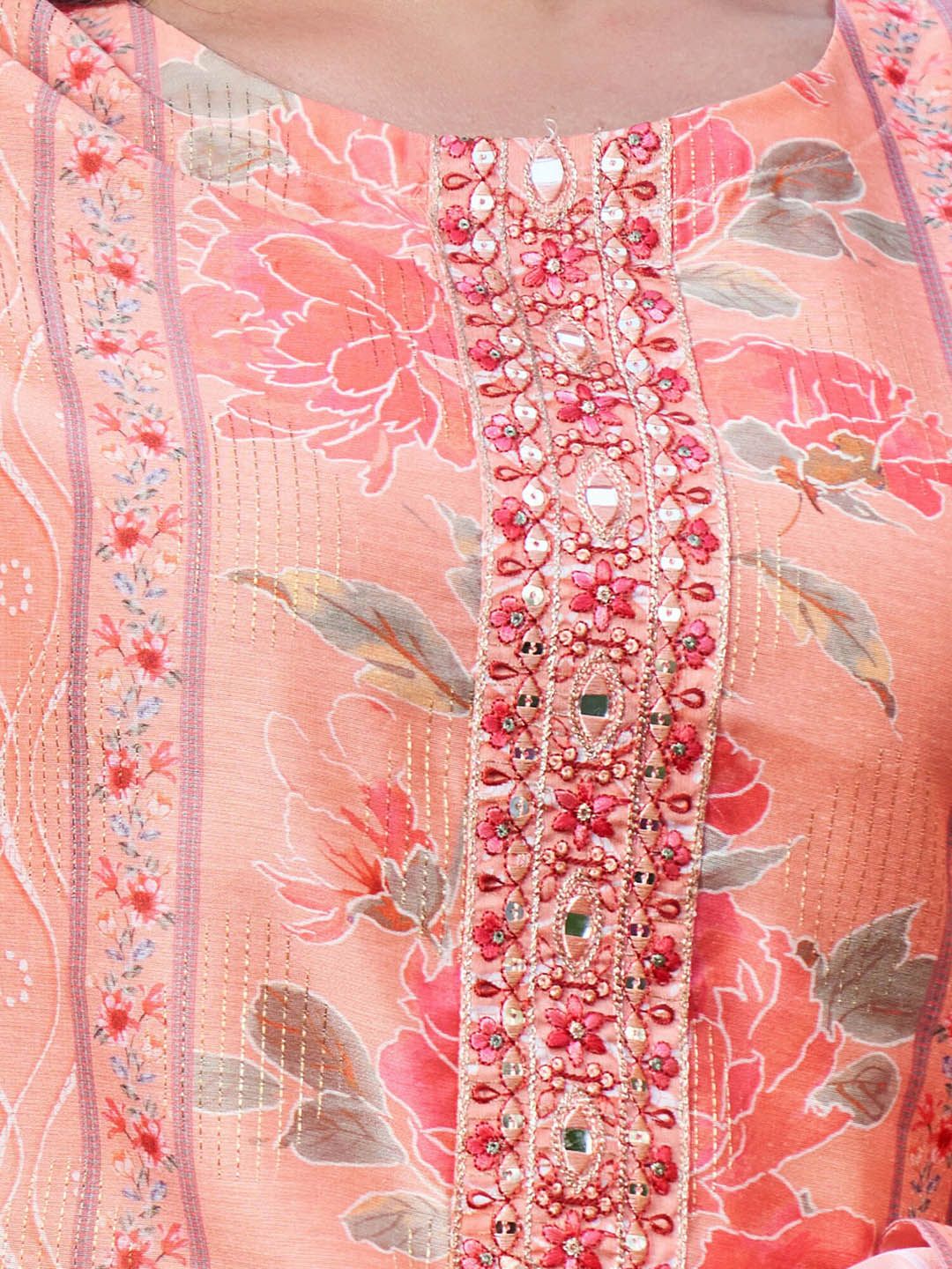 Indyancart IE Pink Floral Embroidered Round Neck Straight Kurta with Trousers & Dupatta