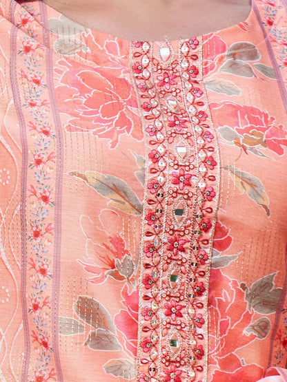 Indyancart IE Pink Floral Embroidered Round Neck Straight Kurta with Trousers & Dupatta