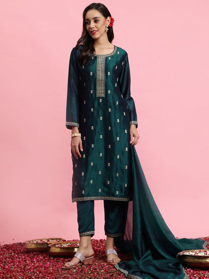 Indyancart IE Embroidered Straight Sequinned Kurta with Trousers & Dupatta
