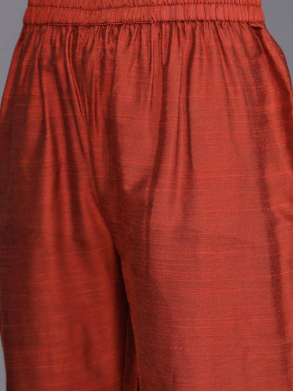 Indyancart VA Women's Rust Ethnic Motifs Embroidered Dupion Silk Kurta with Trousers & With Dupatta