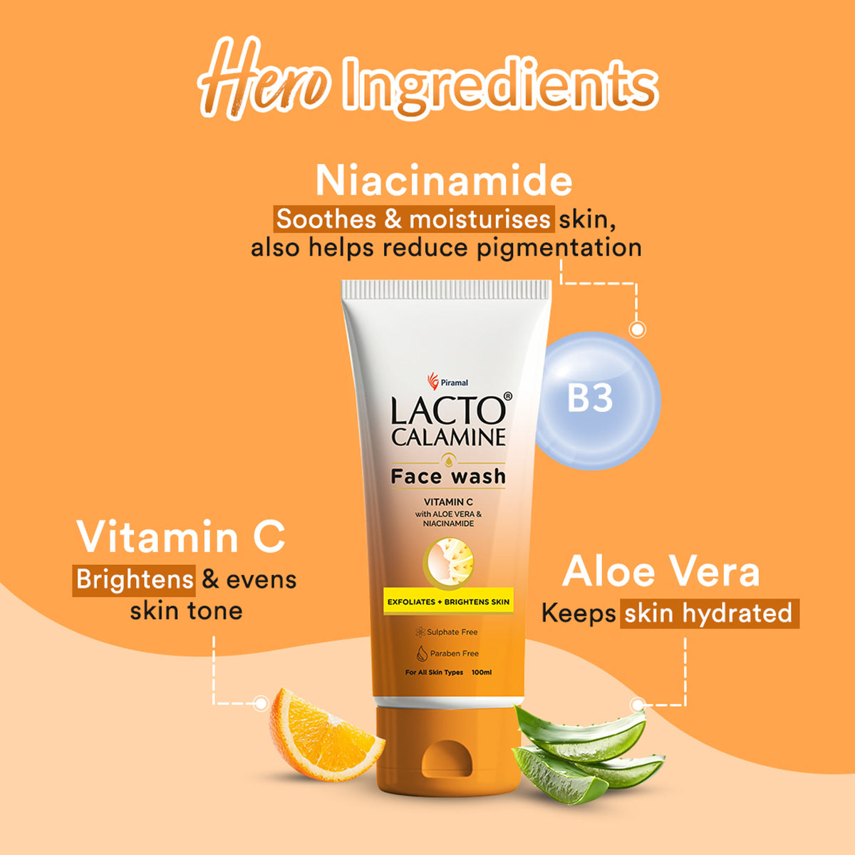 Lacto Calamine Vitamin C Face Wash With Aloe Vera & Niacinamide For Glowing & Skin Brightening