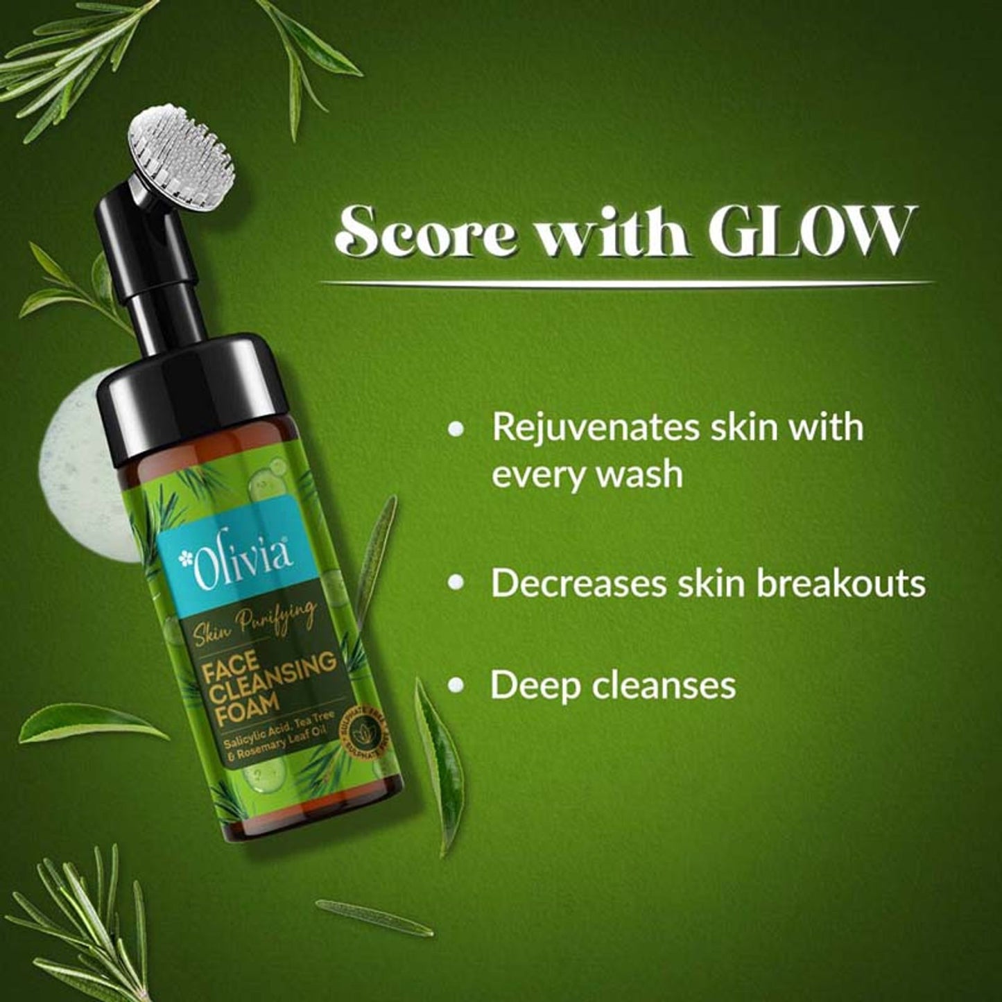 Olivia Skin Purifying Face Cleansing Foam–With Salicylic Acid, Tea Tree & Rosemary for Deep Cleanse