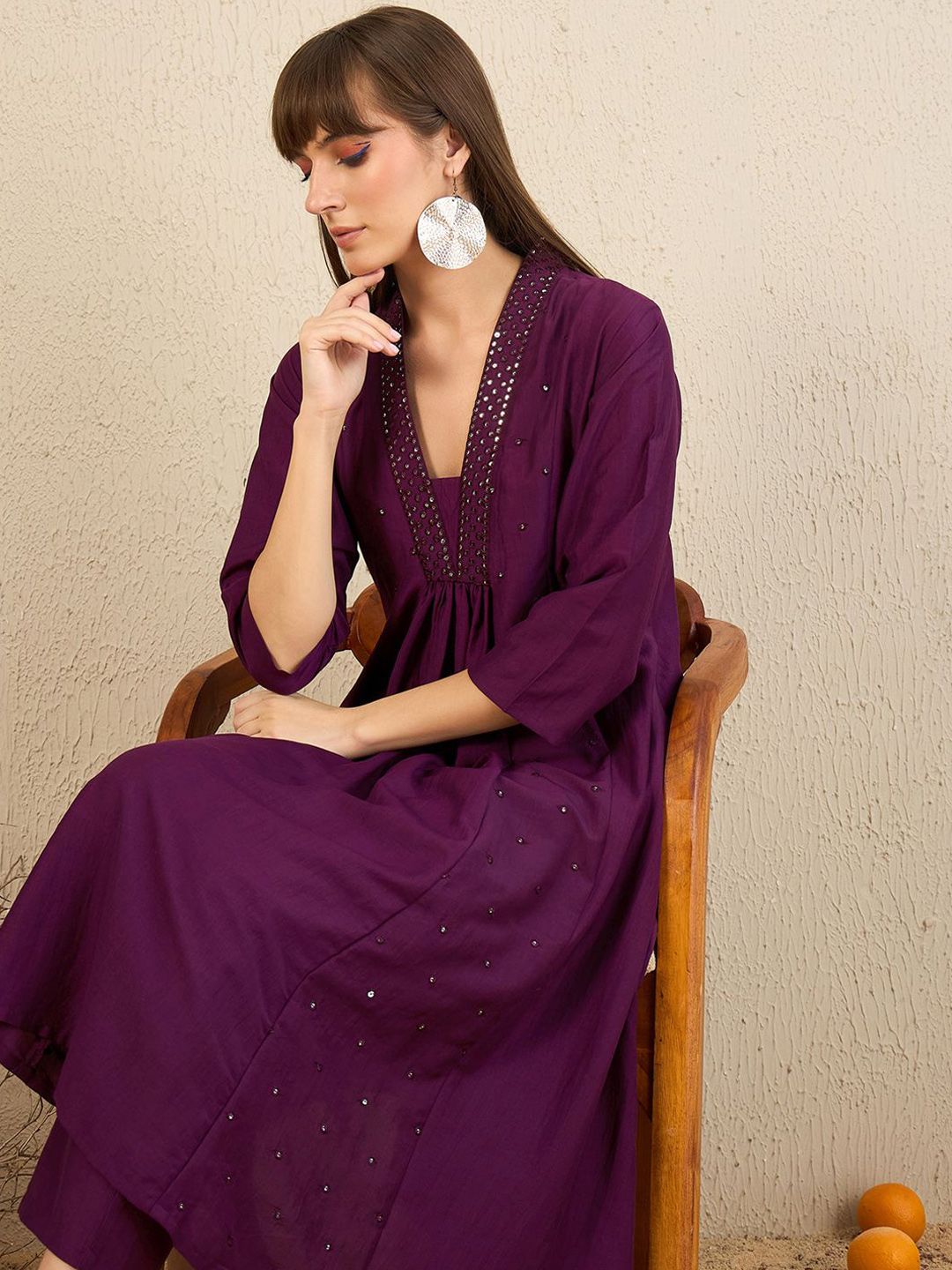 Embroidered Panelled Sequinned A-Line Kurta with Trousers