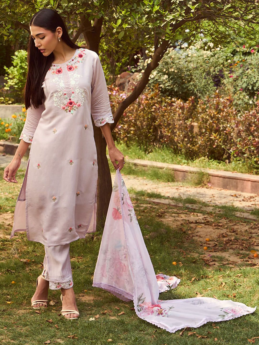 Floral Embroidered Straight Kurta With Trousers & Dupatta