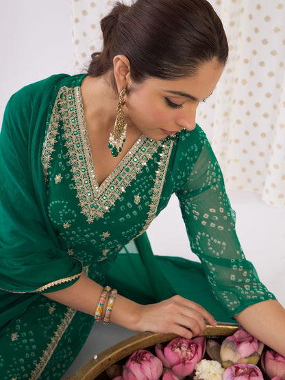 Indyancart IE Women Ethnic Motifs Thread Work Silk Chiffon Kurta with Trousers & With Dupatta