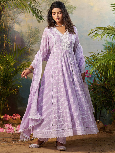 Indyancart IE Floral Embroidered V Neck Anarkali Pure Cotton Kurta With Trousers & Dupatta