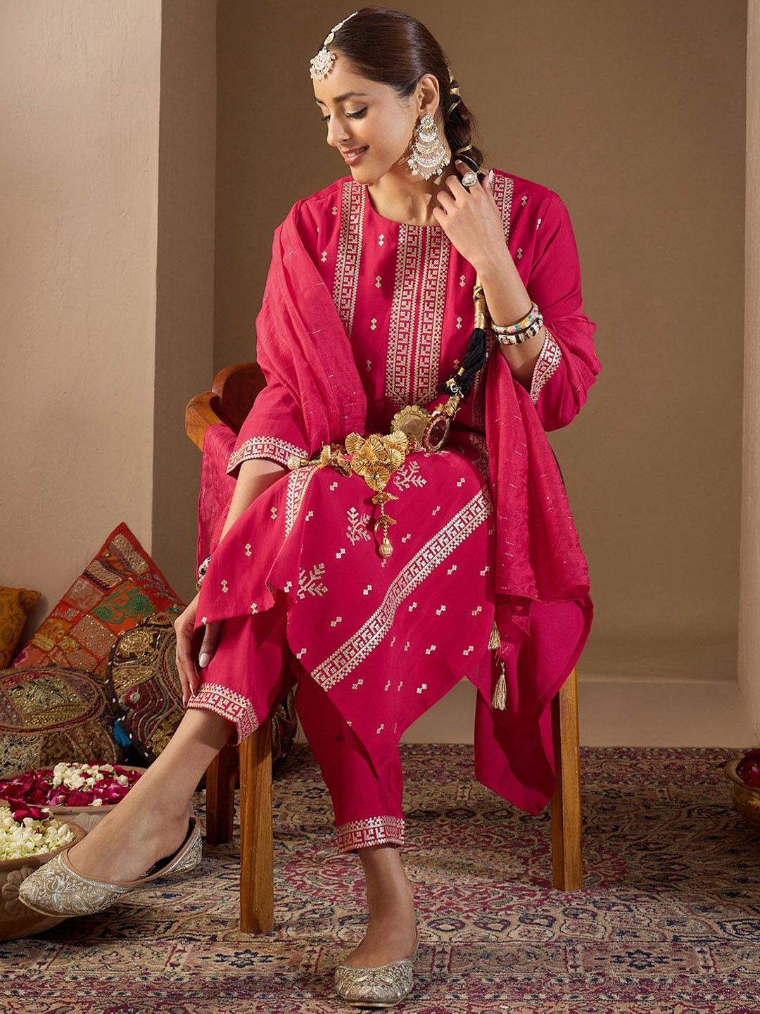 Women Ethnic Motifs Embroidered Regular Sequinned Kurta with Trousers & With Dupatta