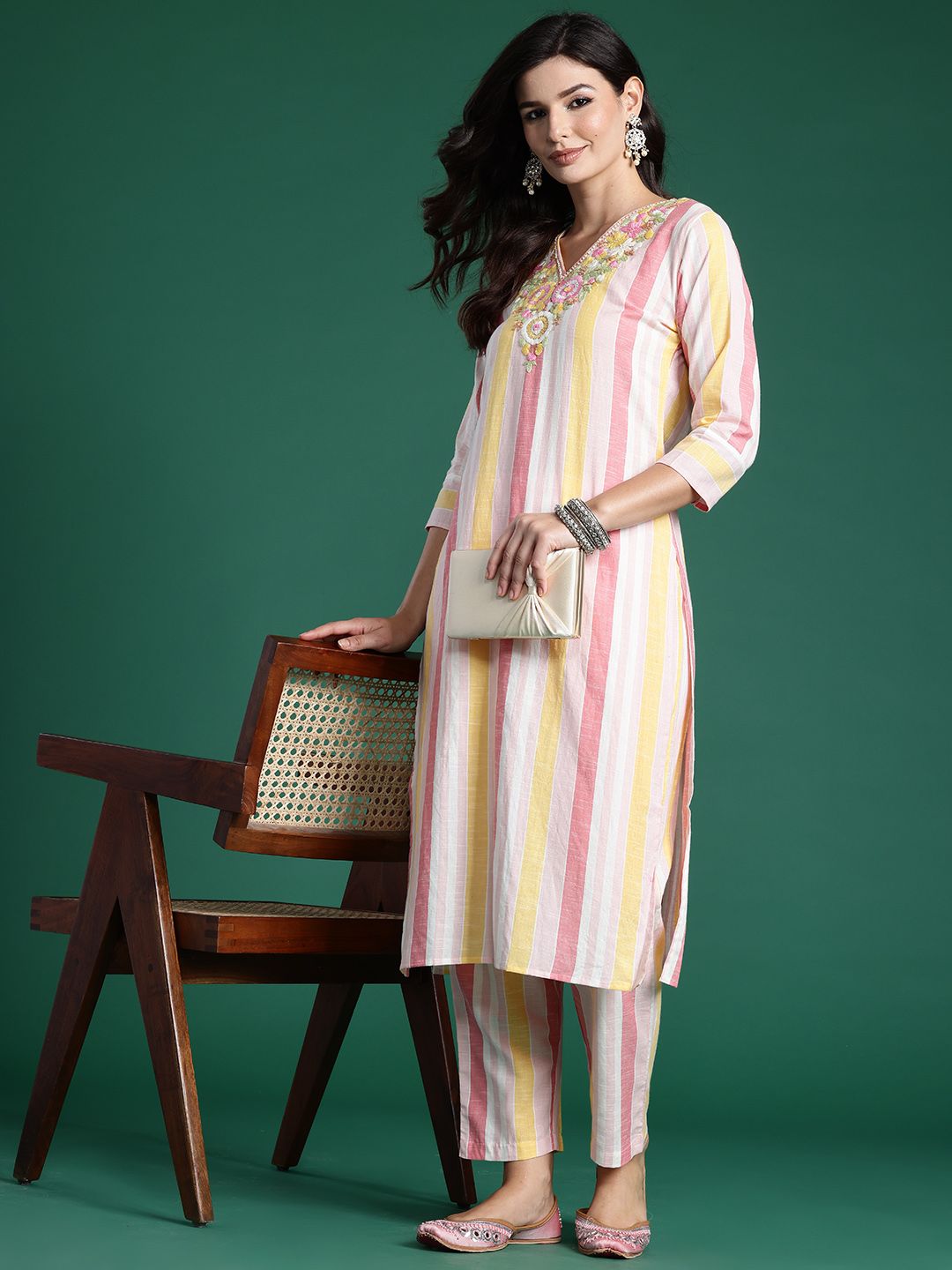 Striped Thread Work Pure Cotton Kurta with Trousers