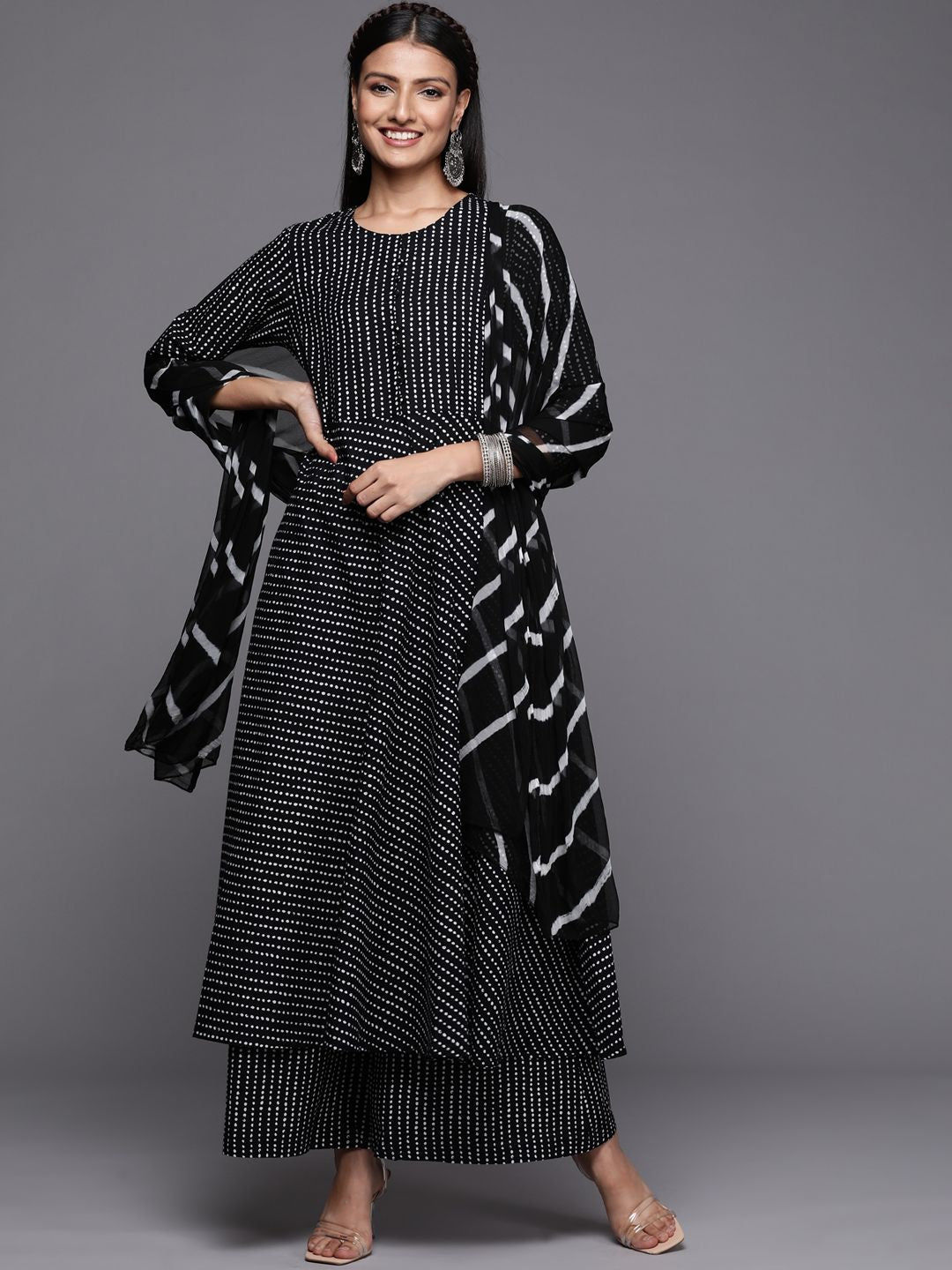 Indyancart VA Women's Black Printed Pure Cotton Kurta with Palazzos & Dupatta