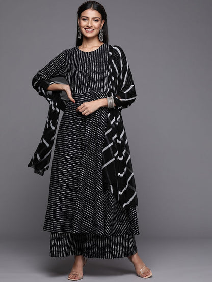 Indyancart VA Women's Black Printed Pure Cotton Kurta with Palazzos & Dupatta