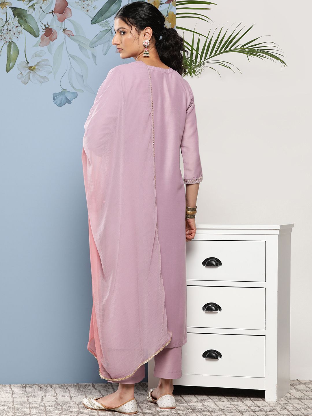 Indyancart VA Women's Floral Embroidered Sequinned Kurta With Trousers & Dupatta