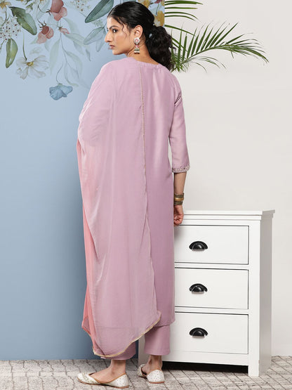 Indyancart VA Women's Floral Embroidered Sequinned Kurta With Trousers & Dupatta