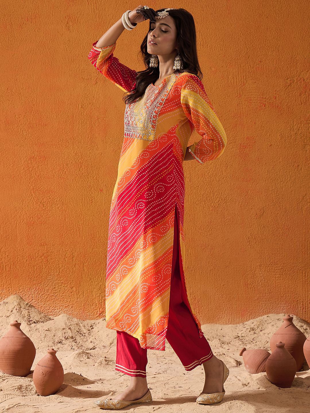 Indyancart IE Red Bandhani Printed Thread Work Georgette Straight Kurta