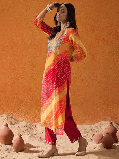 Indyancart IE Red Bandhani Printed Thread Work Georgette Straight Kurta