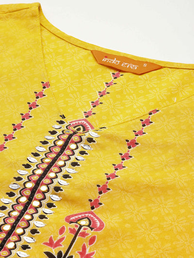 Indyancart IE Ethnic Motifs Printed Mirror Work Pure Cotton Kurta with Trousers & With Dupatta