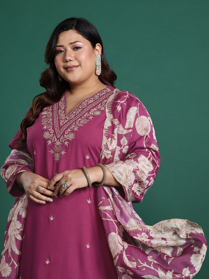 Indyancart Women's Plus Size Floral Zari Embroidered Kurta with Salwar & With Dupatta