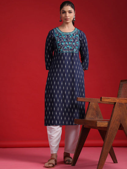 Indyancart IE Ethnic Motifs Round Neck Regular Mirror Work Straight Kurta Kurta